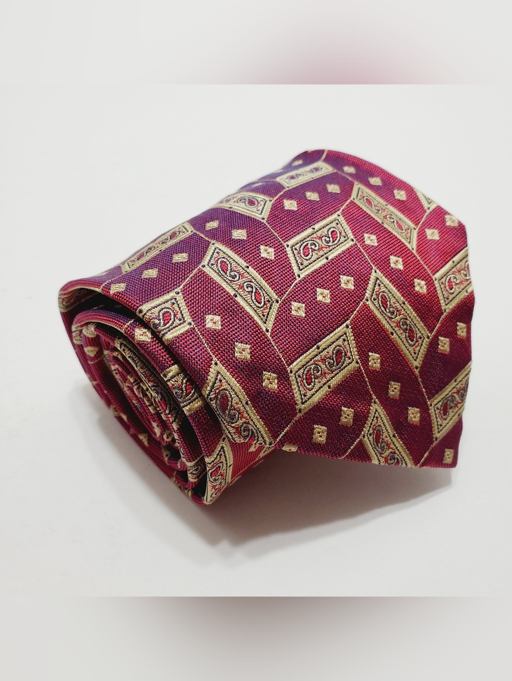 Hickey Freeman Red & Gold Geometric Pattern Men's Silk Neck Tie Jacquard